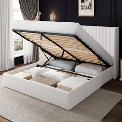 Full Size White Upholstered Bed Frame with Storage