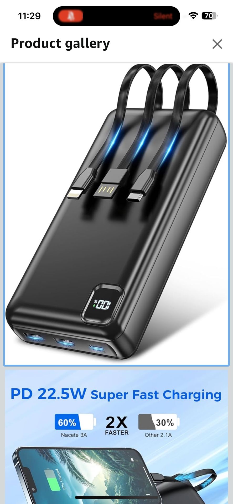 Portable Charger Power Bank 50000mAh Portable Phone Charger, PD 22.5W Fast Charging Powerbank Built in Cable, 5 Output 3 Input USB C LED Display for i