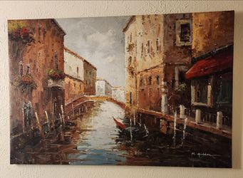 Italian Village river oil painting