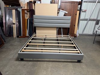 Gray Upholstered Platform Bed Frame with Headboard