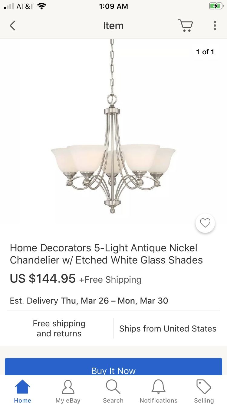 Home Decorators 5-Light Antique Nickel Chandelier w/ Etched White Glass Shades🖤