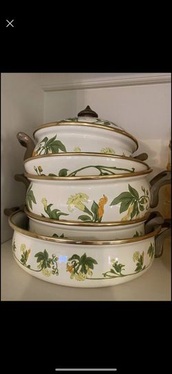 Vintage Asta enamel cookware “Geranium” pots and pans