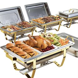 Chafing Dishes for Buffet 4 Pack 7pan, 9QT [Elegant Gold and Silver Colors] Stainless Steel Chafing Dish Buffet Set [Sturdy and High Grade] Chafers an