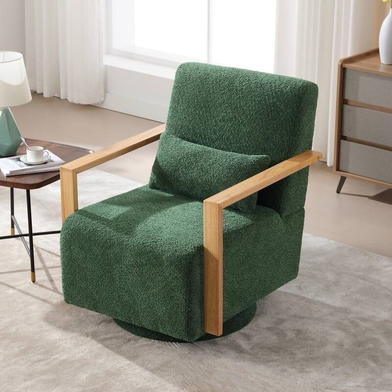 Green Mid-Century Boucle Upholstered Swivel Armchair With Pillow [NEW]