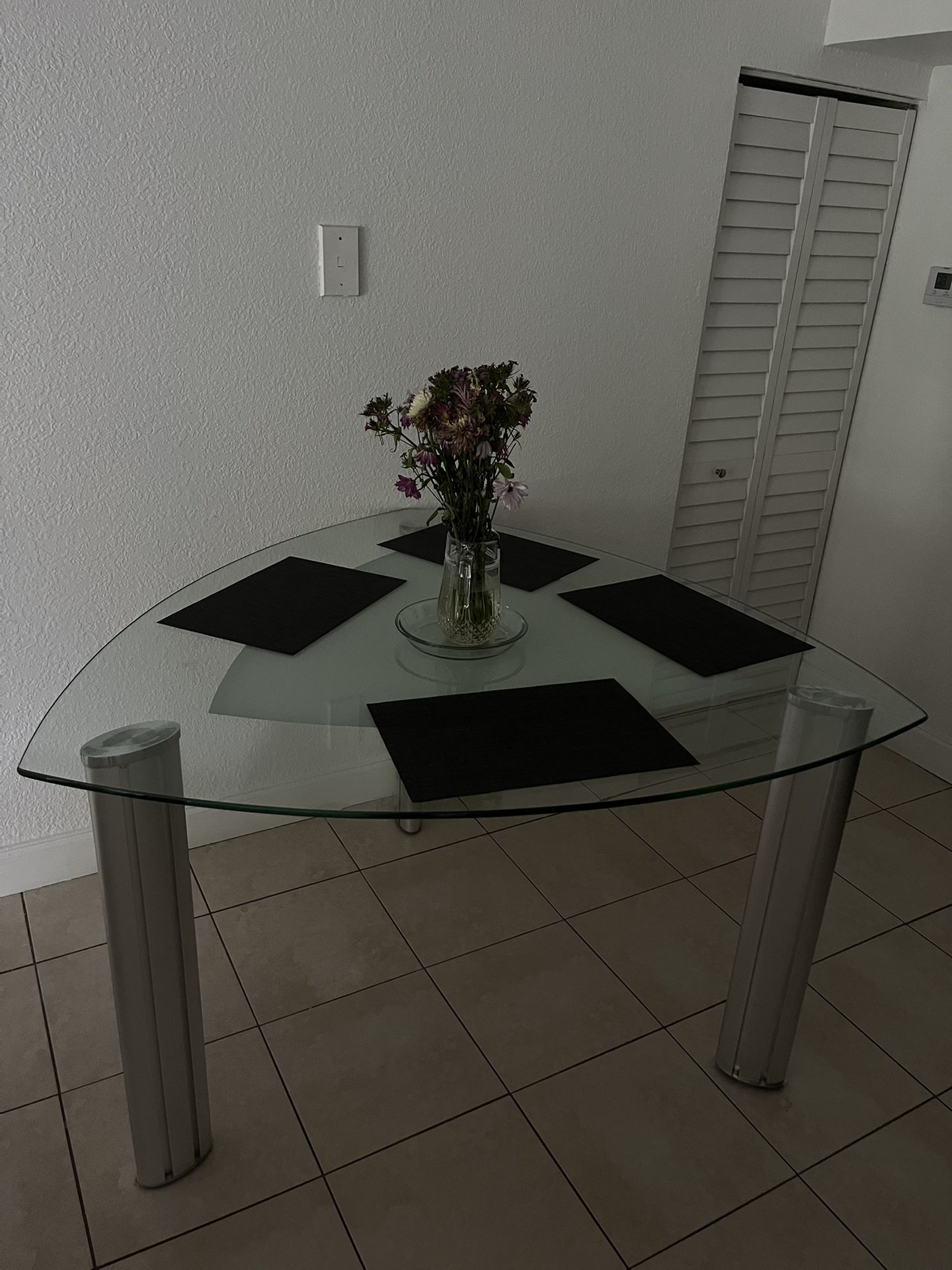 Modern Glass Triangle Dining Table with Frosted Center & Metal Legs