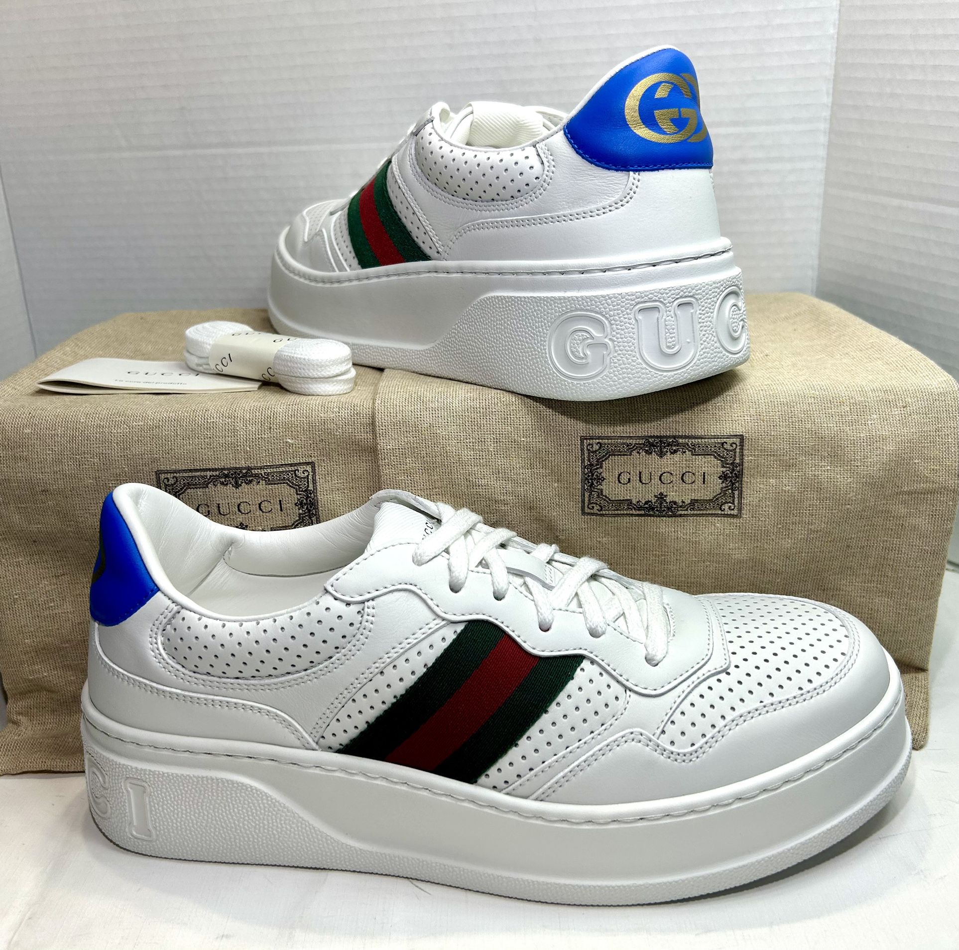 NEW 2024 GUCCI WOMEN’S SNEAKERS WITH WEB WHITE LEATHER SZ 41