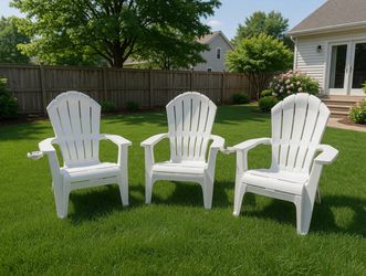 $40 for all 3! 3 Plastic Patio Garden Outdoor Adirondack Lounge Chairs with Cup Holders! Sturdy no breaks. Stackable
