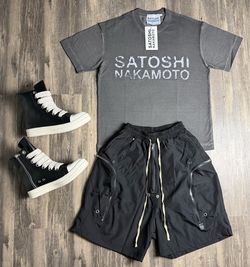 Satoshi Nakamoto Shirt, Rick Owen’s Shorts and sneakers brand new with box