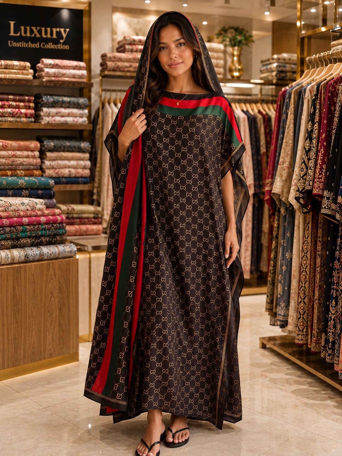 Long silky satin slip Kaftan Dress Geometric with scarf Boat Neck One Size