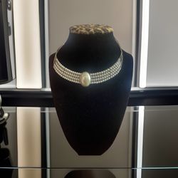 Vtg Silver-Tone Wire White Faux Pearl Beads Necklace