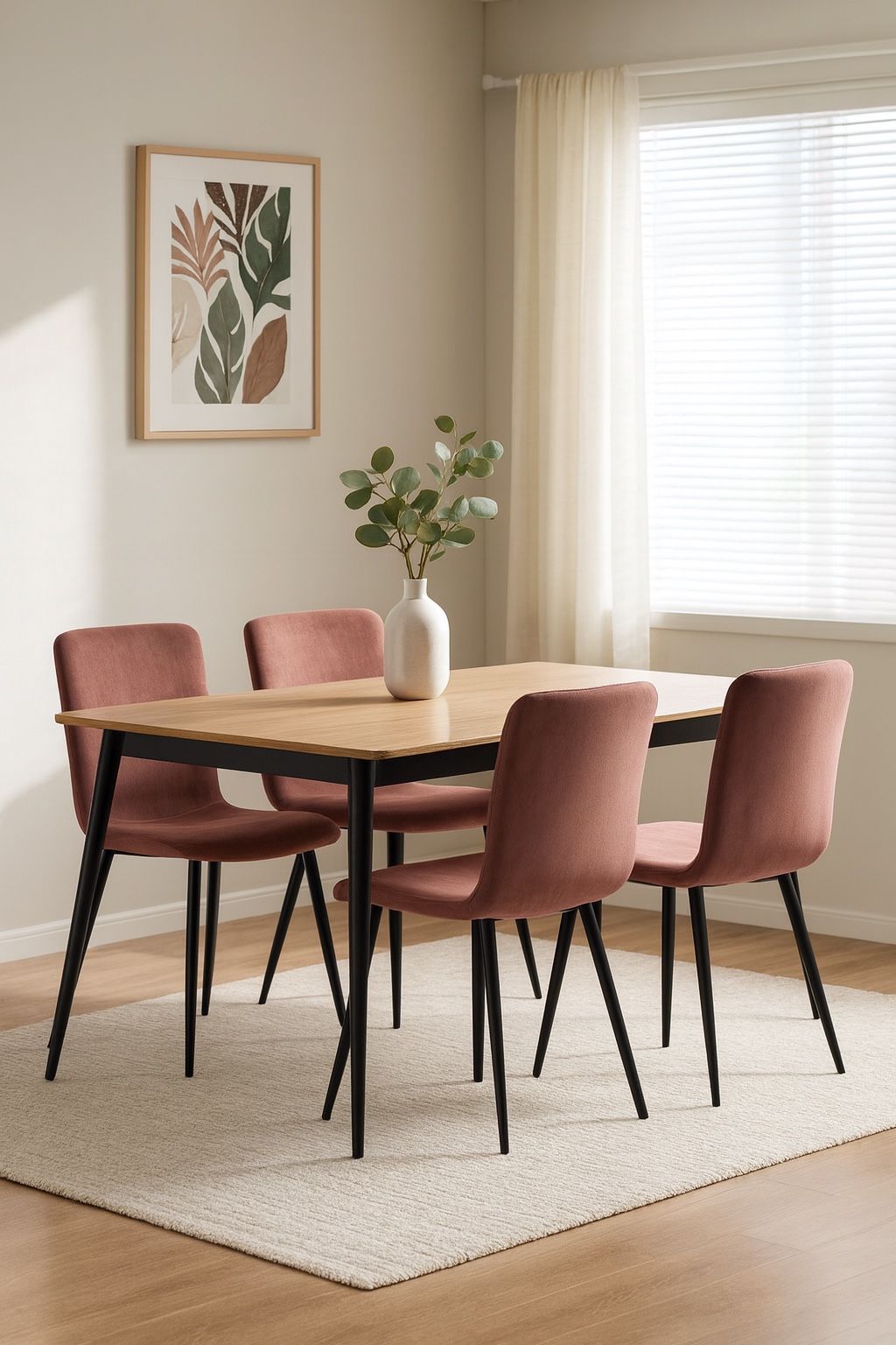 Set Of 4 Pink Fabric Seat Solid Wood Dining Chairs Whit Metal Legs [NEW] Only Chairs