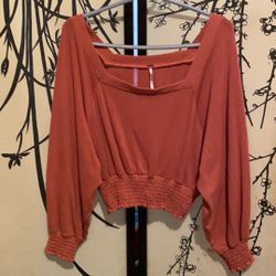 Free People Orange 3/4 Sleeve Square Neck Crop Top Bohemian Blouse