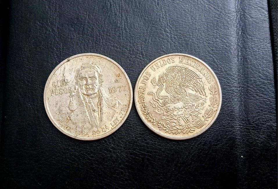 Two 1977 Silver Mexican Cien 100 Pesos Coins