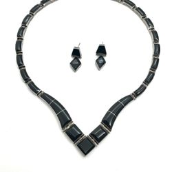 Taxco .950 Onyx Necklace & Earrings 
