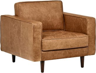 35.4" Top Grain Leather Accent Chair, Mid-Century, Cognac