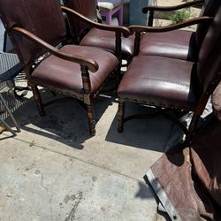 Four Leather Chairs, Brownish, Good Condition, Old Chairs With Buttons On The Sides And On The Front Cover