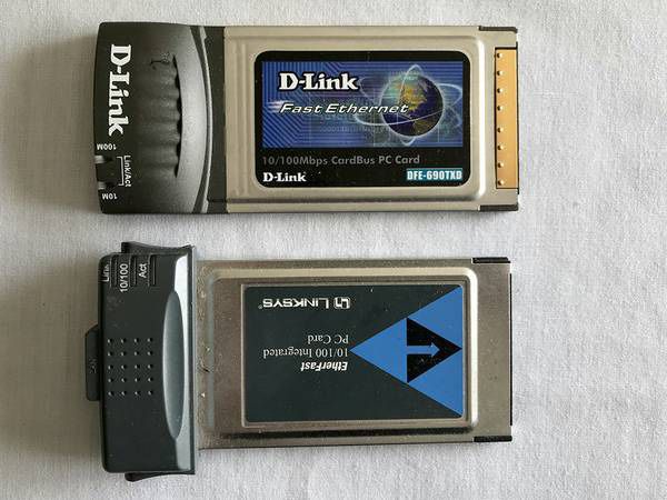 PCMCIA Ethernet Cards, Linksys and D-Link, $5 for Two