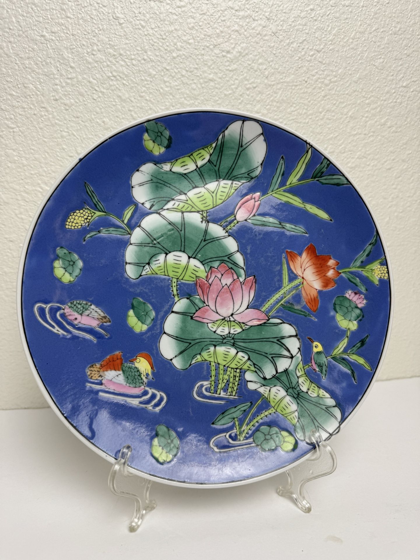 Vintage Chinese Porcelain Plate Blue Lily Bird 9.25”