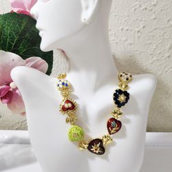 18k gold retro multicolored heart hearts link women's ladies choker necklace gift