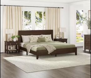 Lessie Dark Brown Mid-Century 13.7 in. Solid Wood Frame King Platform Bed with Wooden Slats, Headboa