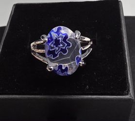Blue Floral Millefiori Style Glass Ring Silver Tone Size 7.5 Statement Ring