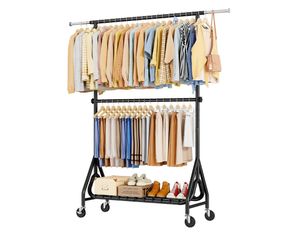 Double Rods Clothing Rack, Heavy Duty Clothes Rack for Hanging Clothes Load 560LBS, Metal Rolling Garment Racks with Wheels, Freestanding Clothes Hang