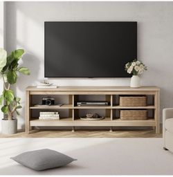  TV Stand for 65/70/75 Inch TVs, TV Entertainment Center with Storage, Mid-Century Modern Console Table for Living Room and Bedroom, White Oak