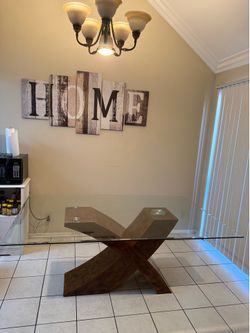 Glass Top Dining Table with Wood Base