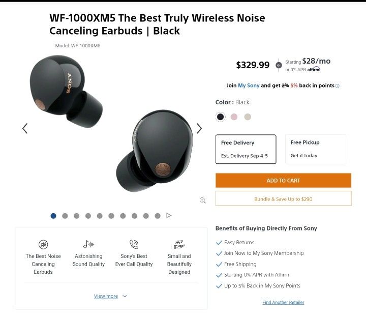 WF-1000XM5 The Best Truly Wireless Noise Canceling Earbuds | Black
