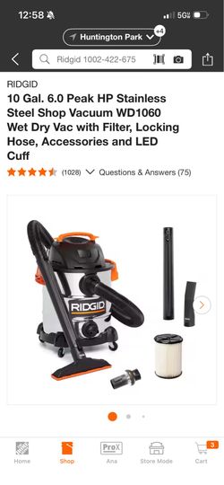 RIDGID 10 Gal. 6.0 Peak HP Stainless Steel Shop Vacuum WD1060 Wet Dry Vac with Filter, Locking Hose, Accessories and LED Cuff