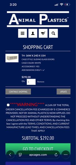 Animal plastics cages 36x24x15 with shelf.