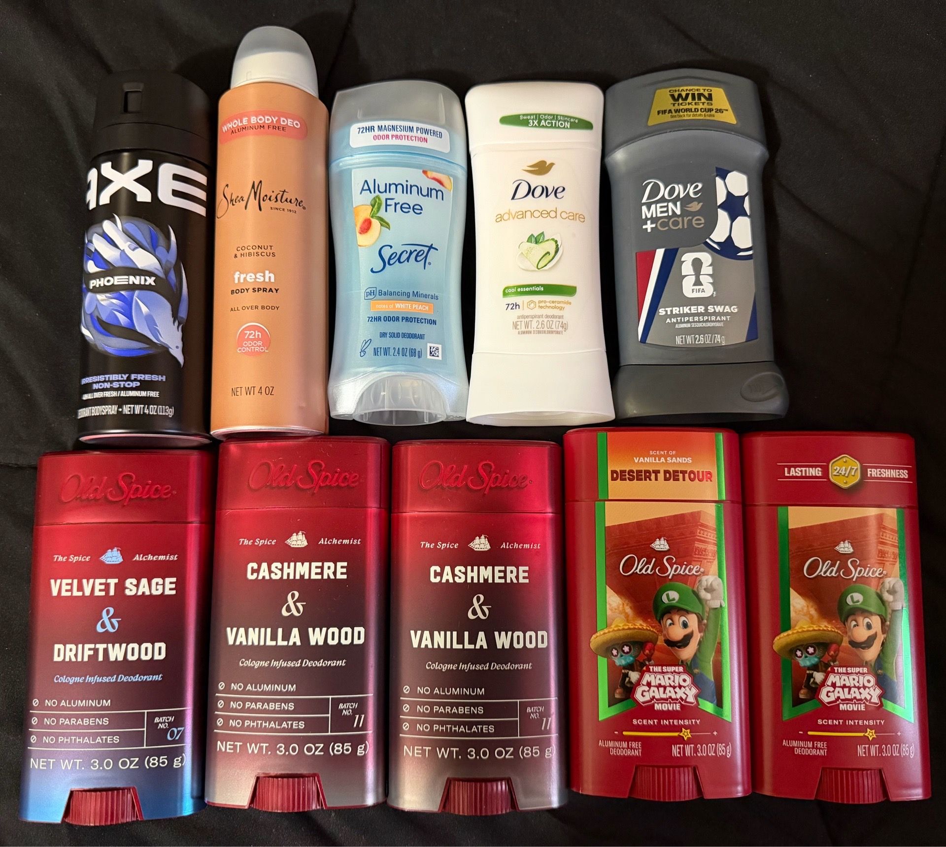 Old spice,axe,dove,secret,shea moisture