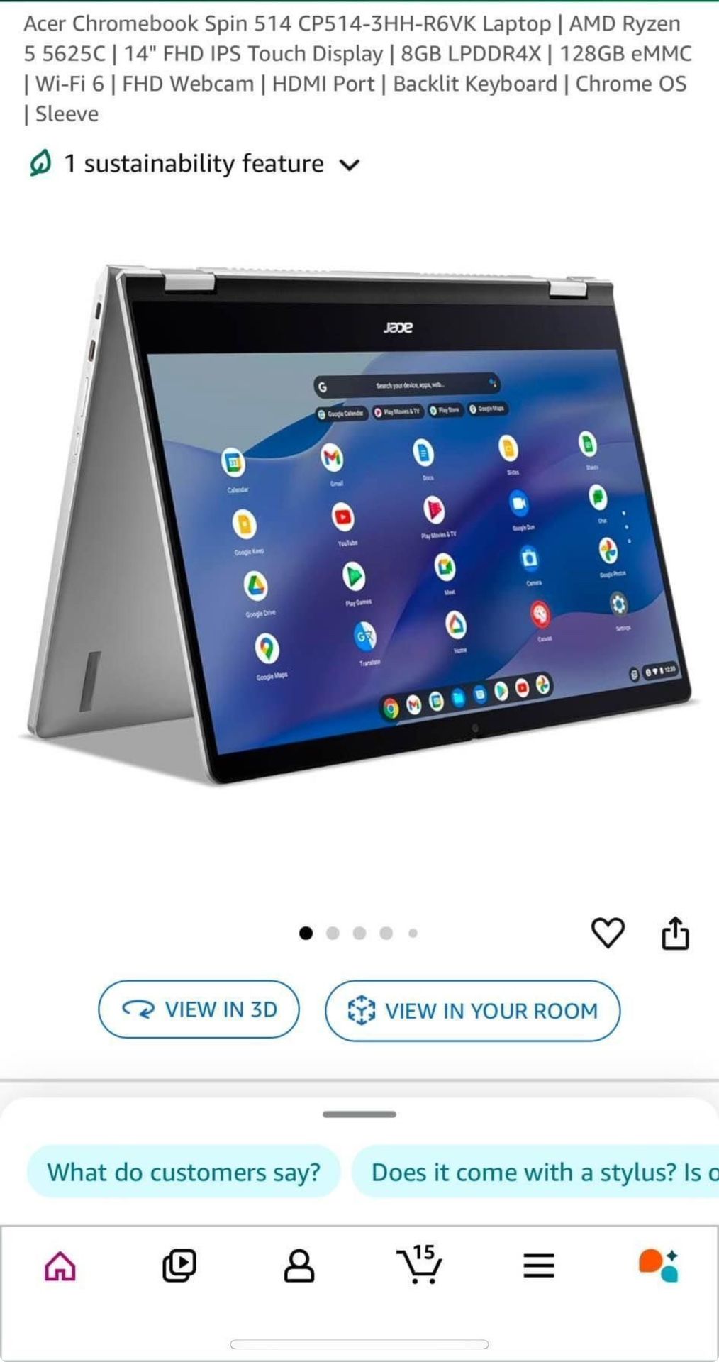 Acer Chromebook Spin 514 CP514-3HH-R6VK Laptop | AMD Ryzen 5 5625C | 14" FHD IPS Touch Display | 8GB