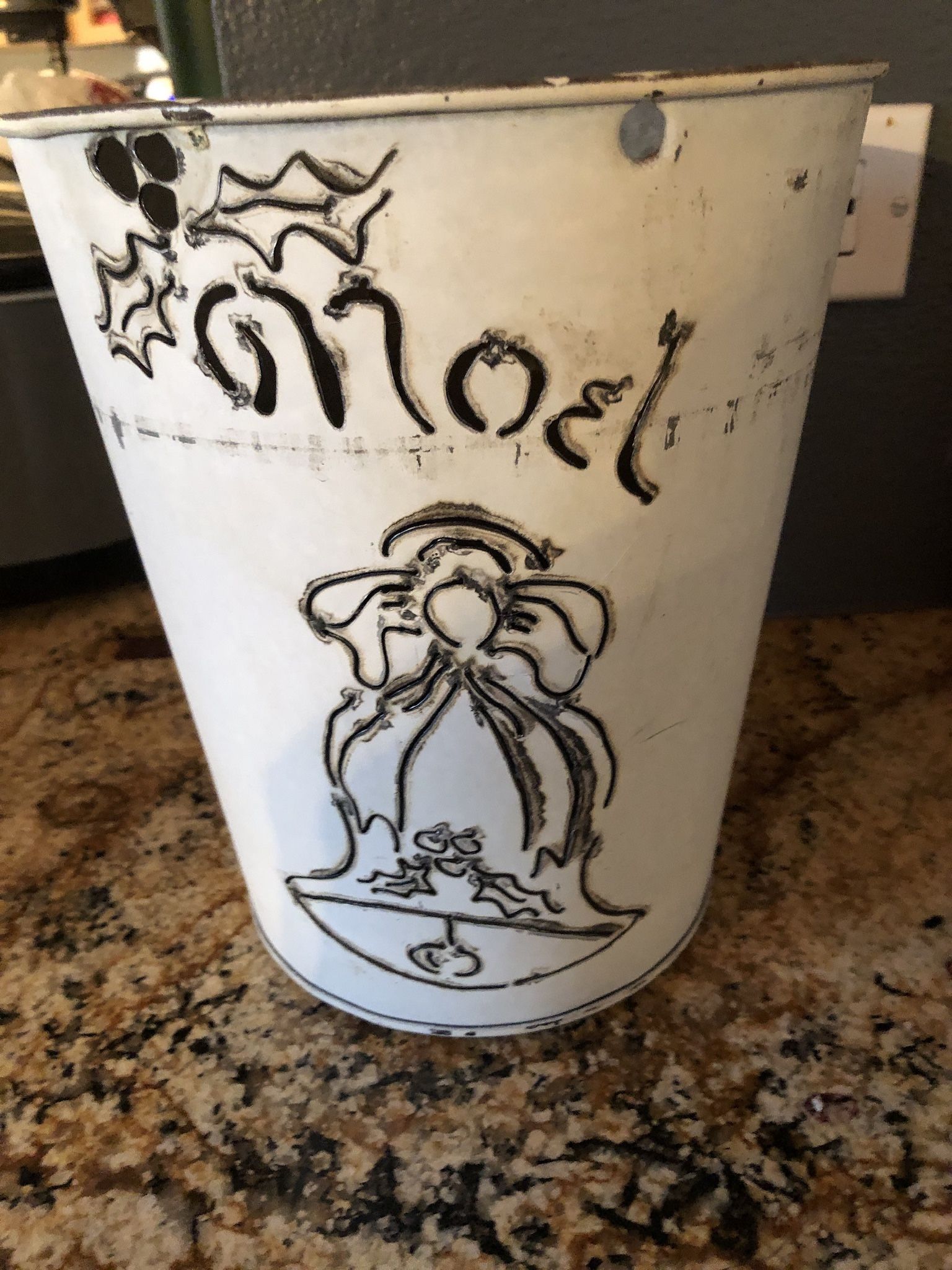 Christmas Vintage Metal Bucket Whitewashed NOEL Cut Out On The Front
