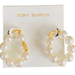 Authentic Tory Burch Kira Gold Pearl Hoop Earrings