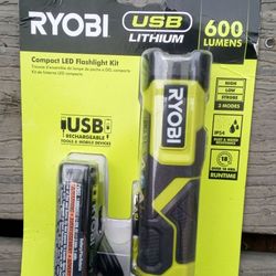 New Ryobi Compact USB Charging  LED Flashlight Kit