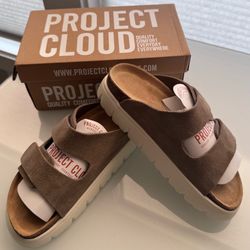 Women’s Leather & Cork Slide Sandals, Velcro Closure, (Berkenstock Inspired) by Project Cloud, Size 8