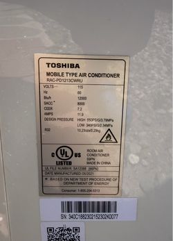 Toshiba portable air conditioner 12,000 BTU’s