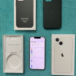 Unlocked Apple iPhone 13 Mini, Starlight, 128GB with Apple Leather MagSafe Case