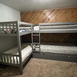 Twin Size Quad Bunk Beds, Kids Bunk Bed with Drawers, Wood L-Shaped Bunk Bed 4 Bed Bunk Beds for Kids,Teens (Grey)