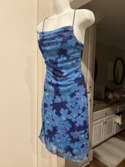 My Michelle Blue Floral Glitter Cowl Neck Dress Women's Small Ruched Y2K