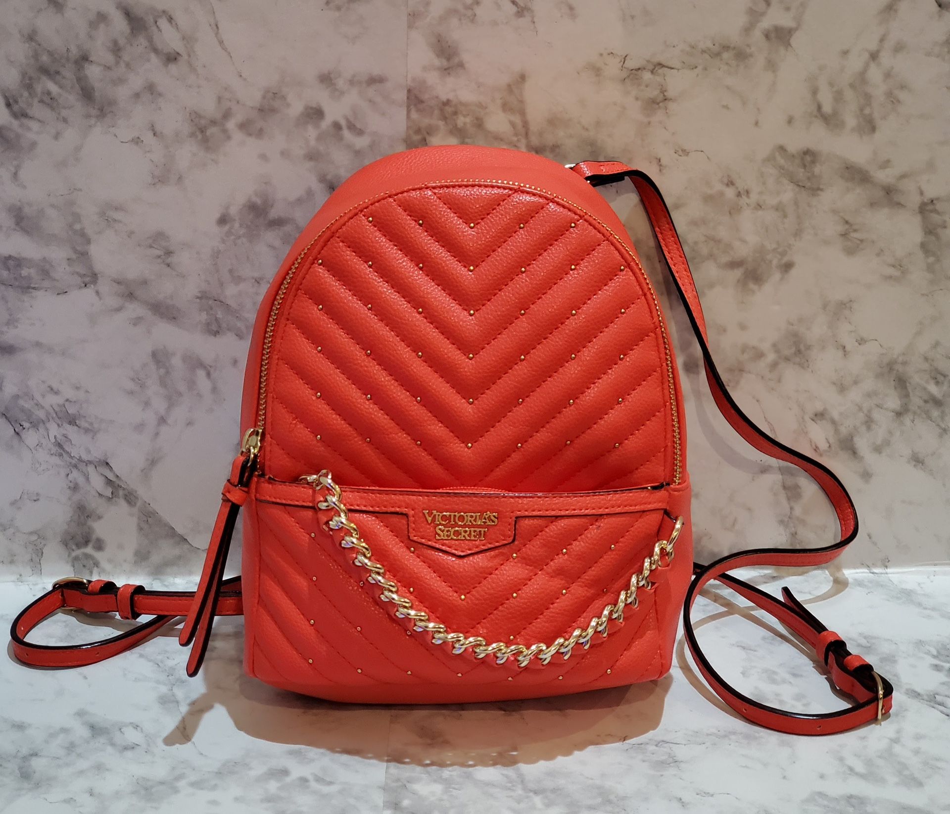 Victoria's Secret V-Quilt Studded Chain Small City Backpack, Berry Red