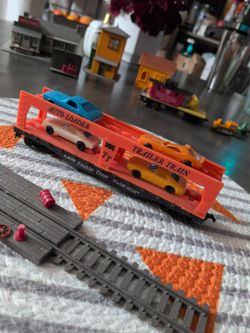 TYCO HO Scale AUTO LOADER & 6 MUSCLE CARS Frisco TT Trailer Train NO BOX.  (🚂 Train HO)
