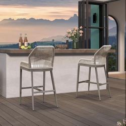 PURPLE LEAF 2 Pieces Bar Stools Patio Modern Rattan Barstools Aluminum Woven Tall Bar Chairs with Cushions for Outdoor Kitchen Island Garden