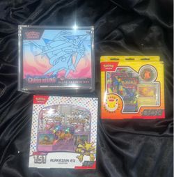 Pokémon chaos rising pokemon center ETB , 151 Alakazam Ex collection, Pokemon day 2026 Pikachu promo box ( ETB CASE NOT INCLUDED)