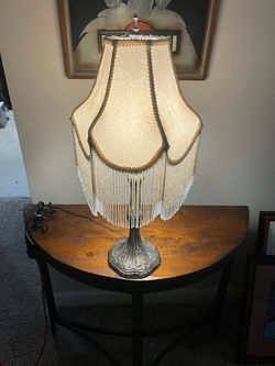 Beautiful Vintage Metal Table Lamp with Glass Beaded Fringe Shade