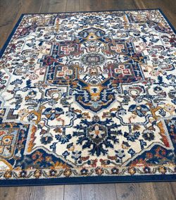 Tuscany 8x10 Boho Medallion Area Rug in Blue & Cream