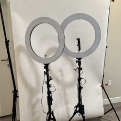 **2 Sunpak Ring Lights and New Photo/Video Studio Backdrop with Stands**