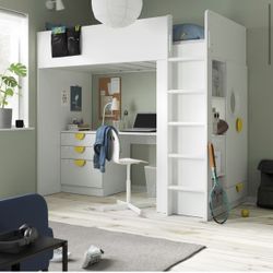Loft Bed, White/ White Desk With Drawers, Twin