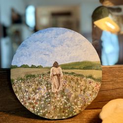 Jesus In A Field Of Wildflowers Painting 8” Diameter 